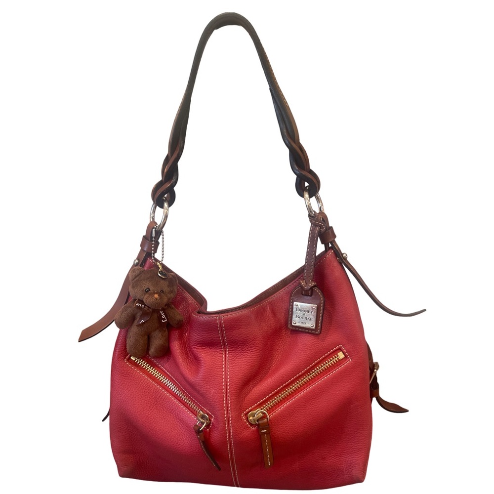 Dooney & Bourke Red Pebbled Leather Hobo with Braided Handle & Diagonal Zips Y2K